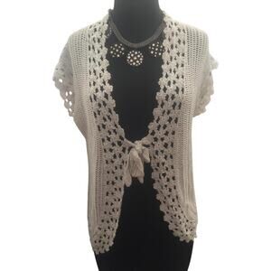 Cache White Silver Metallic Peek A Crochet Knit Vest Top New Stretch $128 NWT